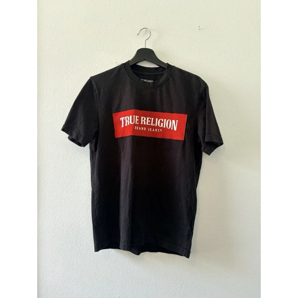 True Religion Men's Black T-Shirt Graphic Logo Red Mesh Box Logo Size XS